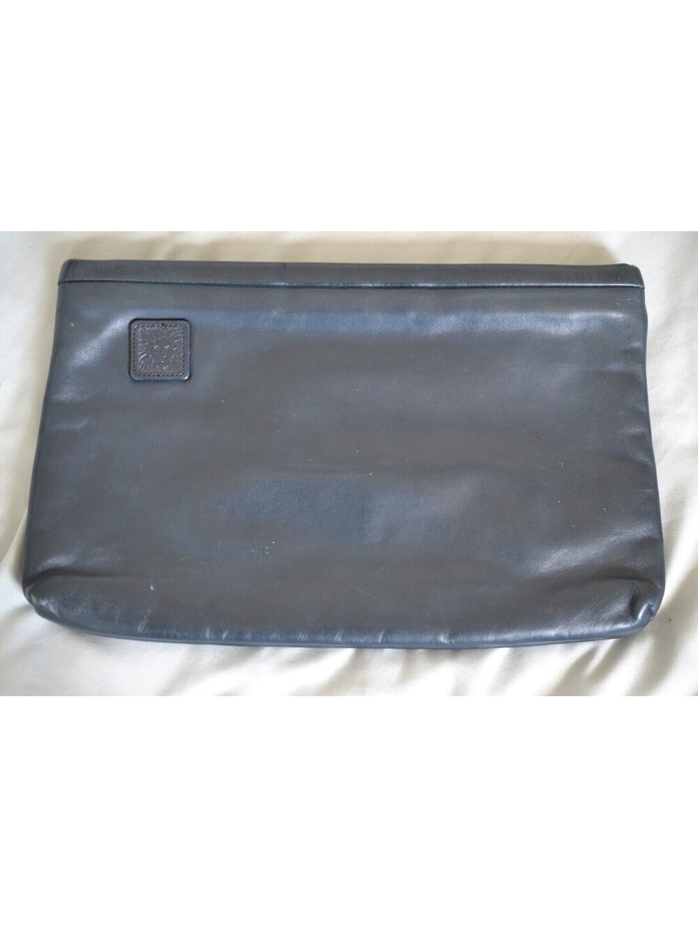 Vintage Anne Klein for Calderon Leather Clutch Wristlet Navy Black Lion Logo